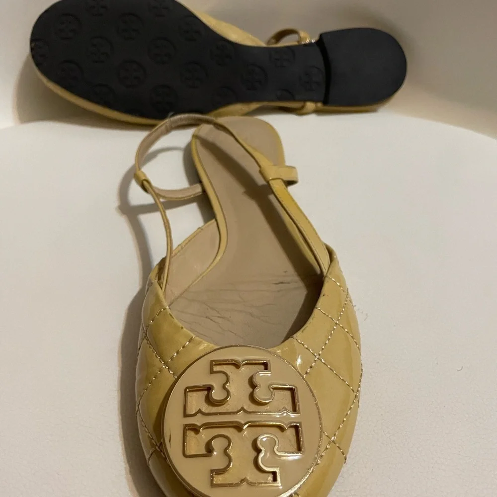 Tory Burch Yellow Quilted Patent Leather Slingback Flats